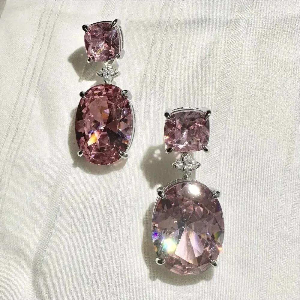 Super sparkly light pink cubic zirconia double oval dangle earrings with flower